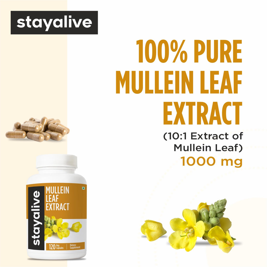STAY ALIVE Mullein Leaf Extract 1000mg, 10:1 Extra Strength, 120 Vegan Mullein Capsules, All Natural, 100% Pure Leaves Powder, 2 Month Supply, Non-GMO and Gluten-Free Supplement
