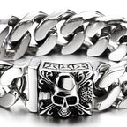 COOLSTEELANDBEYOND Men's Stainless Steel Cuban Link Curb Chain Bracelet With Skull Box Clasp, Heavy and Sturdy Biker Gothic Punk Jewelry Gift