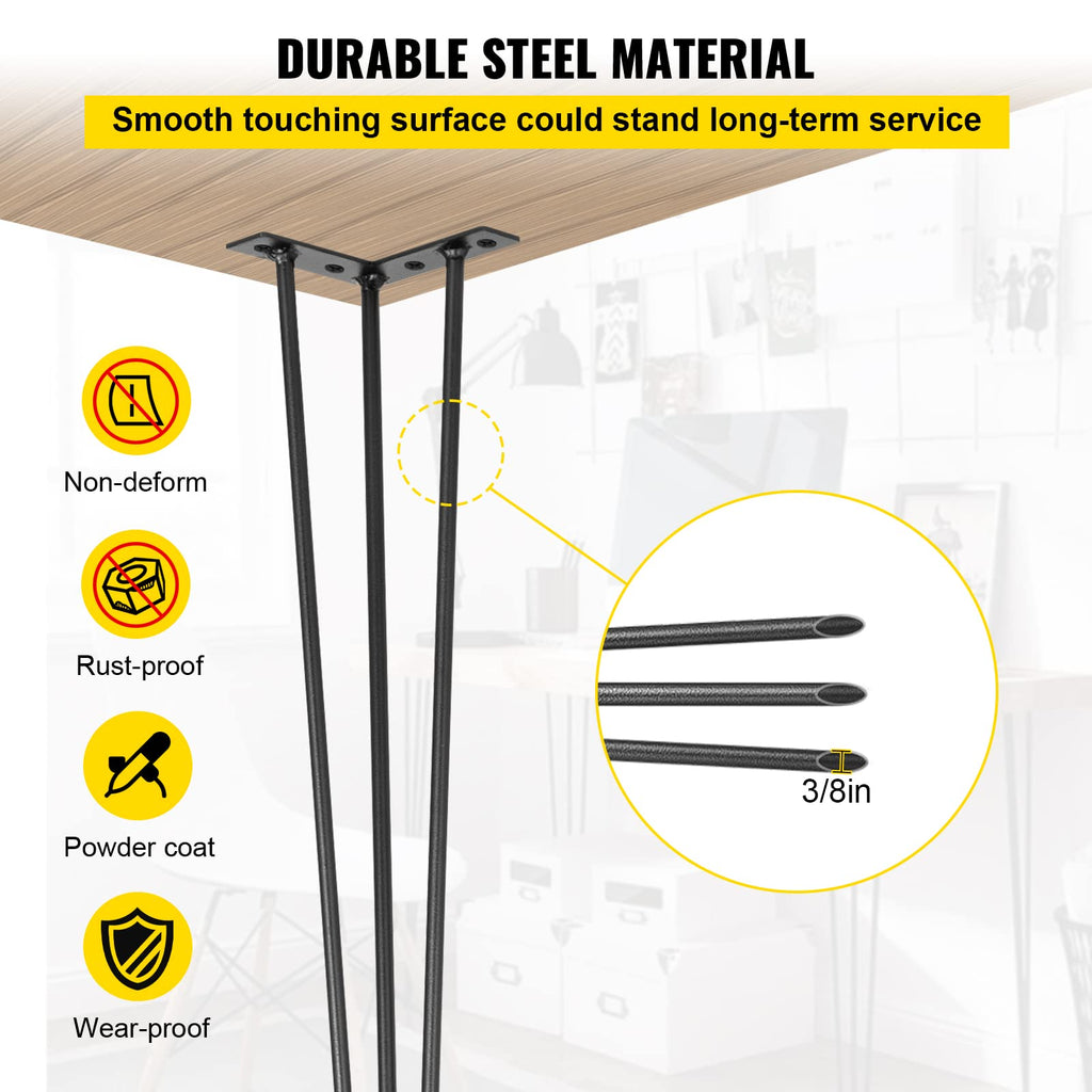 VEVOR Hairpin Table Legs 24" Black Set of 4 Desk Legs 880lbs Total Load Capacity Hairpin Desk Legs 3 Rods for Bench Desk Dining End Table Chairs Carbon Steel DIY Heavy Duty Furniture Legs