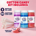 Cotton Candy Sugar Floss Variety Pack - Grape, Raspberry & Cherry Flavors, 3 Bottles (12oz Each) Includes 55 Cotton Candy Cones for Home & Commercial Cotton Candy Machines, Parties, Carnivals & Events