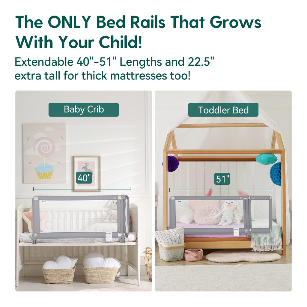 BABELIO Toddler Bed Rails, Guardian 39"-51" Extendable Guard for Toddlers, Kids & Elderly Adults, 22.5" Tall Baby Side Rails Crib Twin/Queen/Full/King Size, CPSIA Certified (Gray)