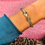 UNY Jewelry Bracelet Two Tone Criss Cross X Shape Infinity Twisted Cable Bangle Designer Inspired Women Jewelry (Single 2 Tone)