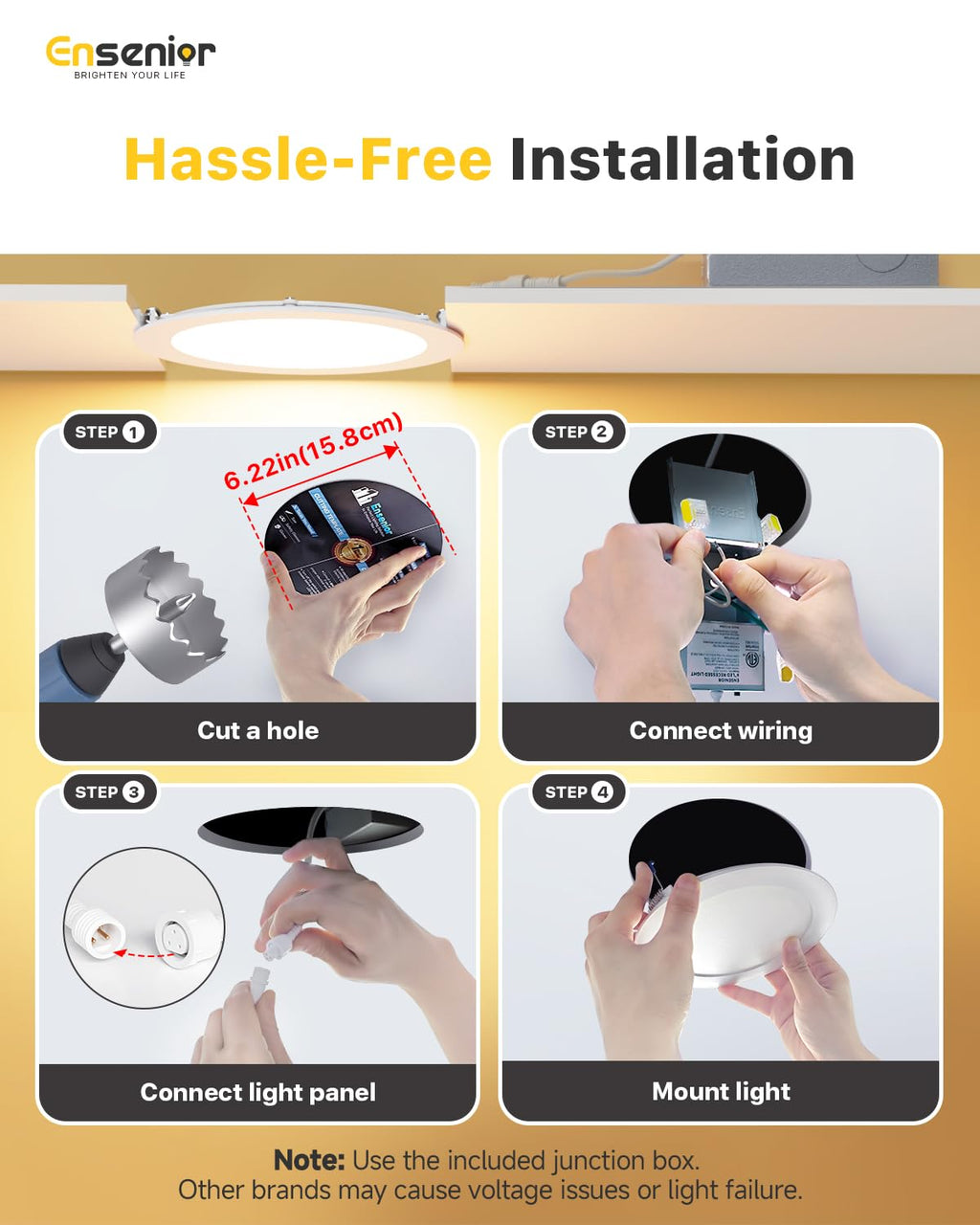 Ensenior 24 Pack 6 Inch LED Recessed Ceiling Light, Dimmable, 2700K-5000K 5CCT, 1200LM 12W 120V, High Brightness Canless Wafer Downlight - ETL&FCC&IC