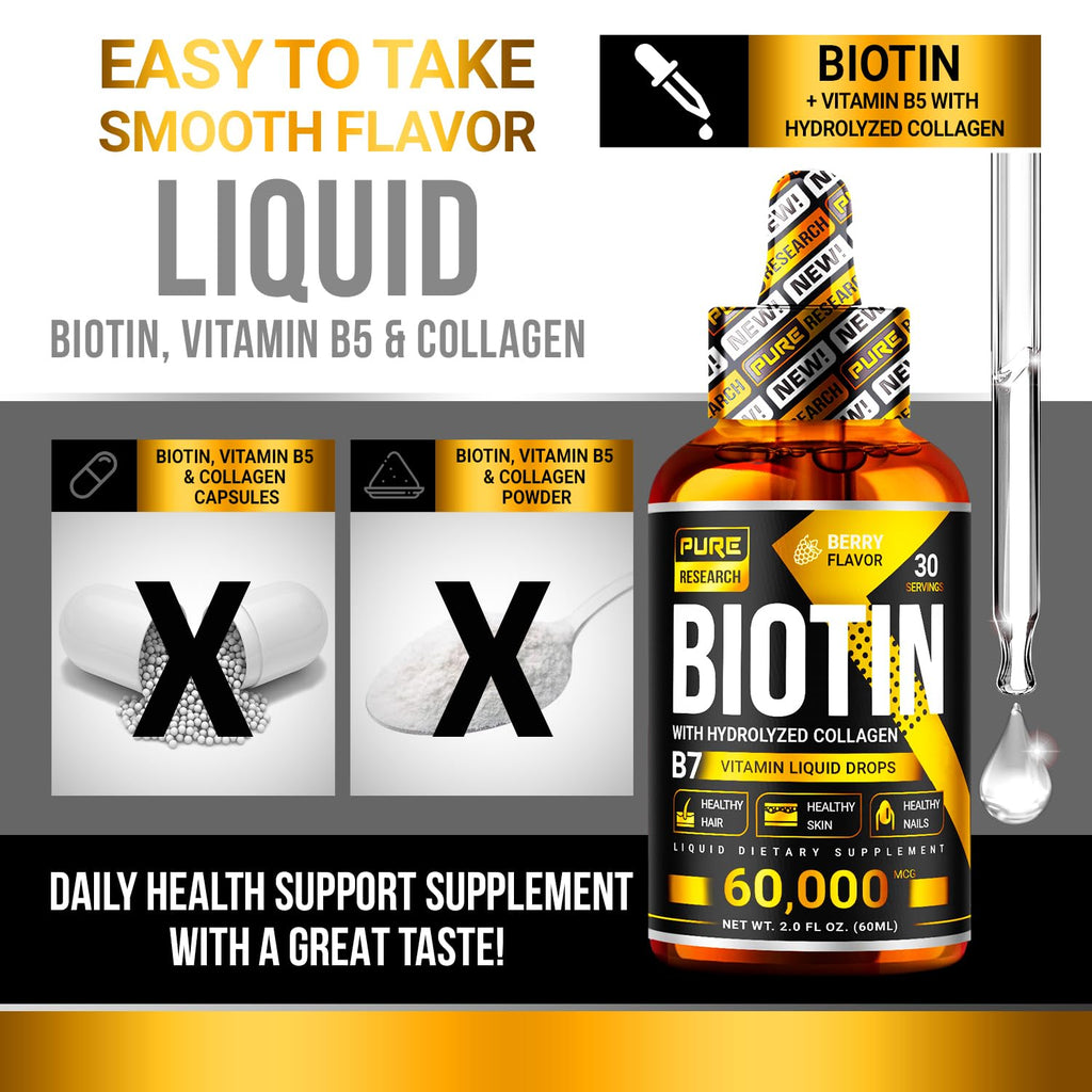 Liquid Biotin & Collagen Hair Growth Drops 60,000mcg - Biotin and Liquid Collagen Supplement for Men & Women - Glowing Skin Support, Healthy Hair & Nail Growth - 2oz