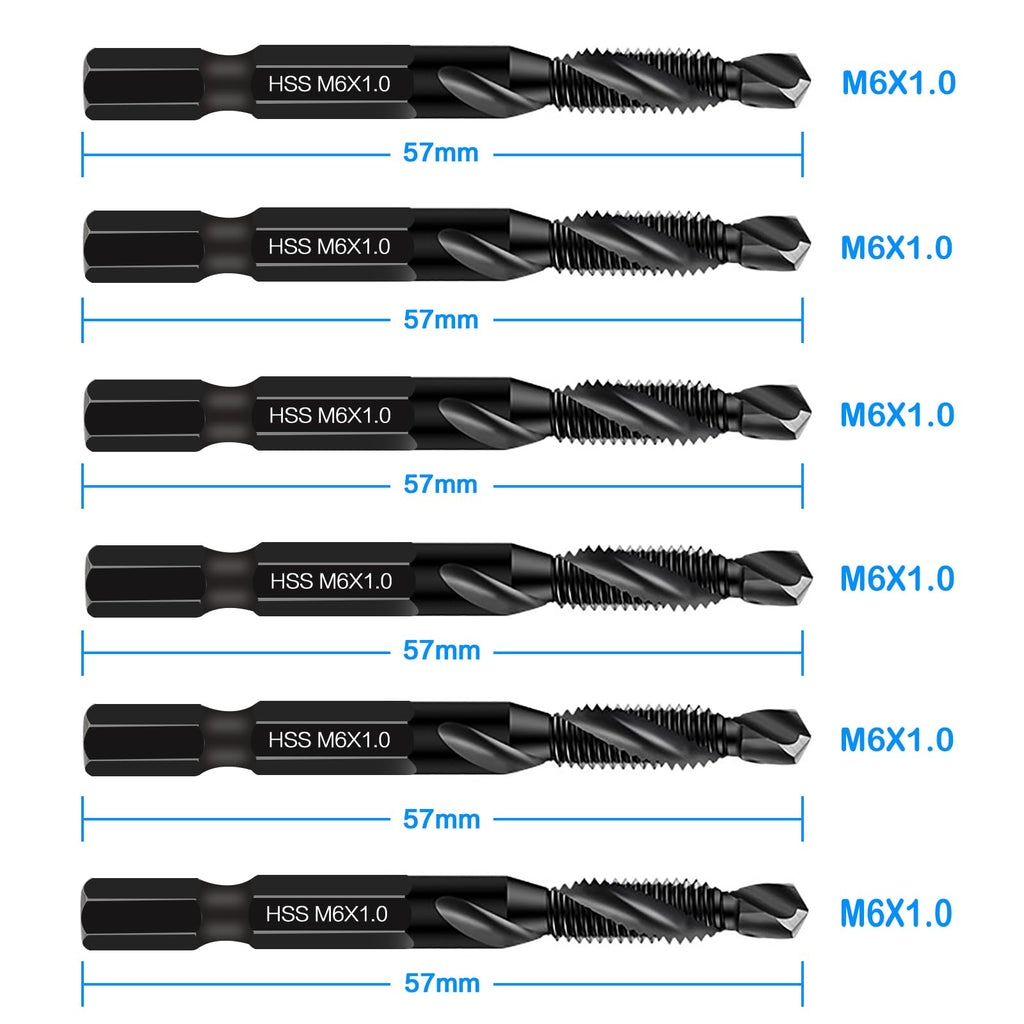 DKIBBITH 6 Packs M6 Combination Drill & Taps Bit Set, Screw Threading Tapping Tools in Size M6*1.0 with Anti-Rust Black Coating, 1/4" Hex Shank and Storage Case