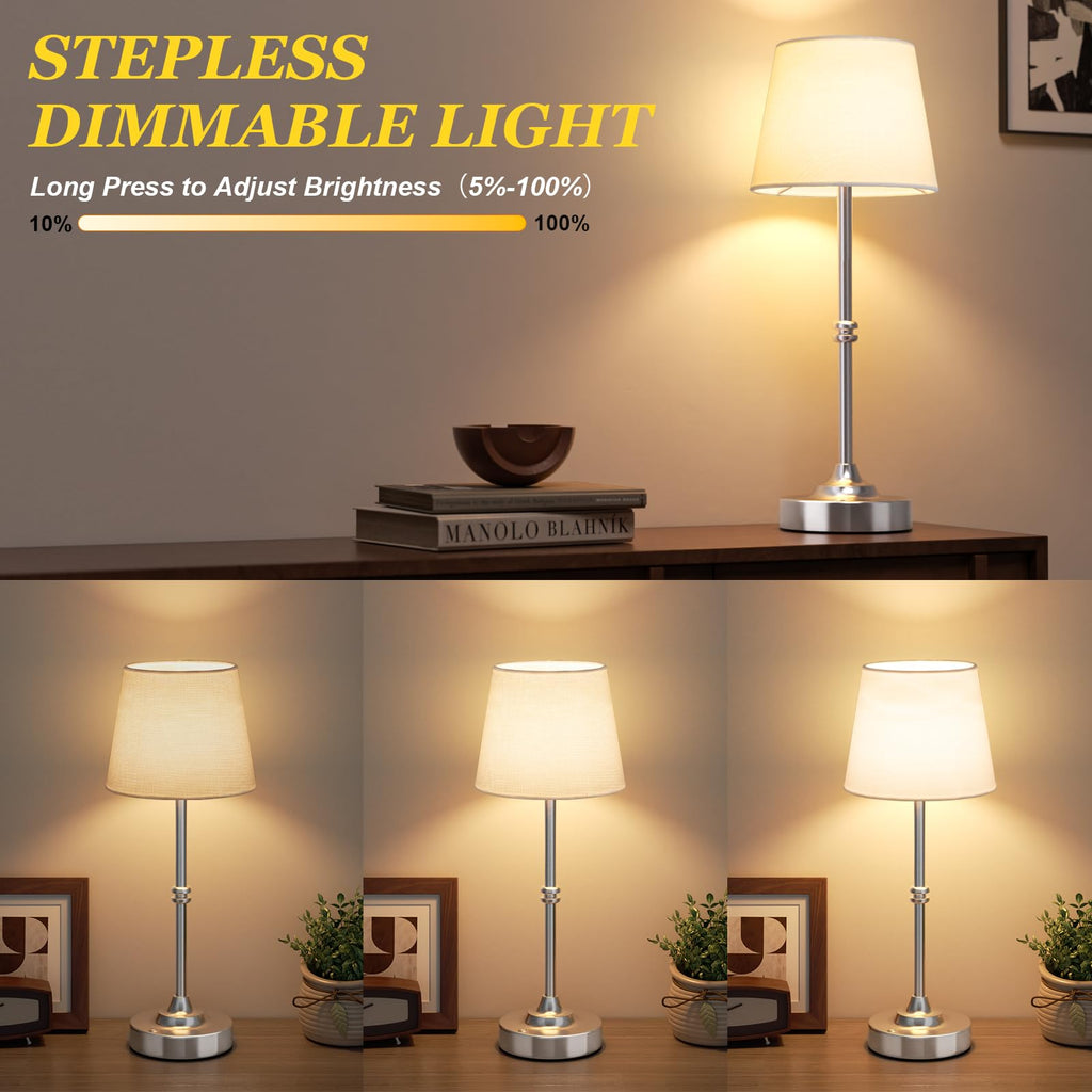Kakanuo Rechargeable Cordless Table Lamp Silver - 2 Pack 4000mAh Battery Operated Lamp, 3000K Warm Light, Touch Control Stepless Dimming, for Bedside, Dining Table, Home Decor