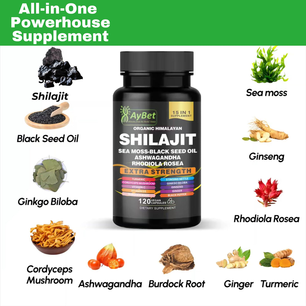AyBet Shilajit for Men and Women-Organic Himalayan Shilajit Capsules with Sea Moss, Black Seed Oil, Ashwagandha, Rhodiola Rosea, Burdock, Cordyceps Mushroom, Ginseng, Turmeric, Ginger, 120 Capsules
