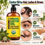 Seven Minerals USDA Organic Castor Oil - Big 16 oz Glass Bottle with Pump - 100% Pure Cold Pressed Unrefined Hexane Free - for Hair Growth, Eyelashes, Eyebrows, Skin, Cuticles & Caster Oil Packs
