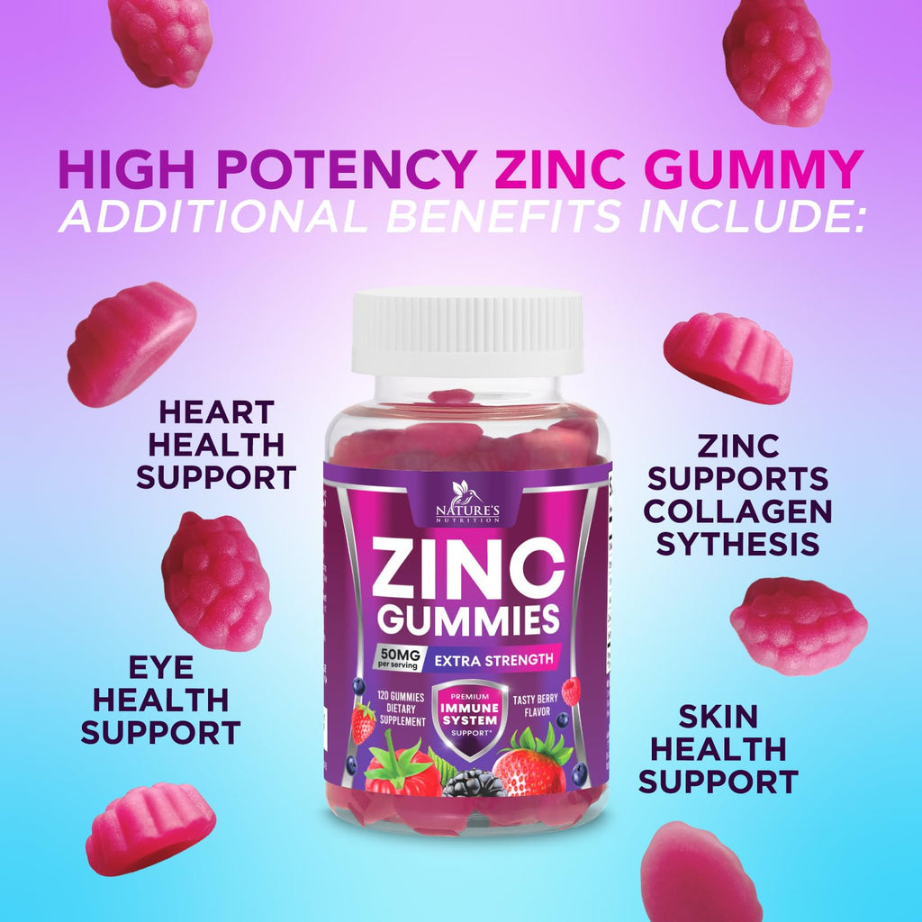Zinc Gummies 50mg Per Serving - Immune Skin & Bone Support Health Gummy - Premium Antioxidant Chewable, High Absorption Vegan, Best Zinc Supplements Vitamin for Adults, Tasty Berry Flavor, 120 Gummies