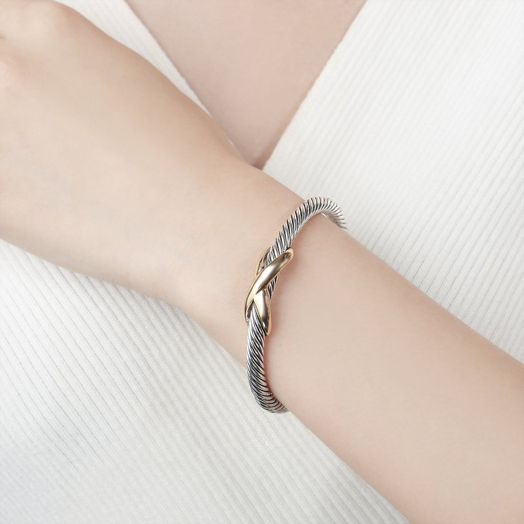 UNY Jewelry Bracelet Two Tone Criss Cross X Shape Infinity Twisted Cable Bangle Designer Inspired Women Jewelry (Single 2 Tone)
