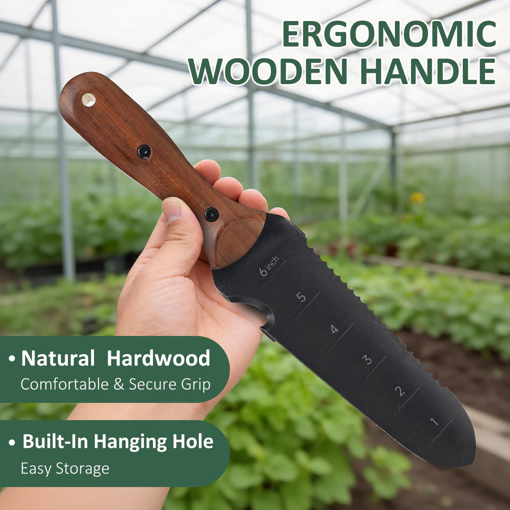 Griactrl Hori Hori Garden Knife with Measuring Scale, Heat-Treated Stainless Steel Blade, Ergonomic Wood Handle, Gardening Knife with Polyester Sheath for Weeding, Planting, Digging