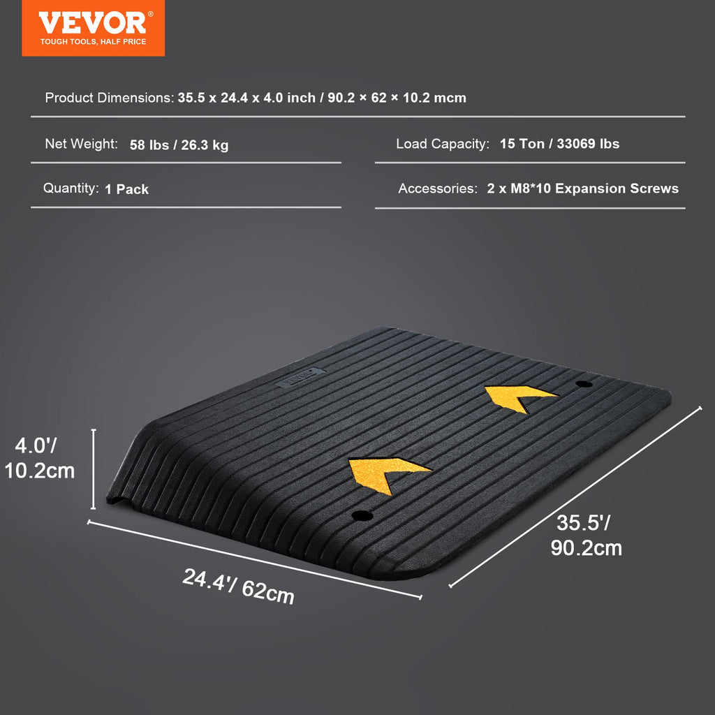 VEVOR 4" Rise Rubber Threshold Ramp, 35.5" Wide Wheelchair Ramp Doorway, Natural Curb Ramp, 33069Lbs Load Capacity, Non-Slip Textured Surface Rubber Curb Ramp for Wheelchair and Scooter