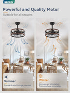 LEDIARY 16.5in Caged Ceiling Fan with Light, Bladeless Industrial Ceiling Fan with Remote, Rustic Metal Fan Lights Ceiling Fixtures for Kitchen, Farmhouse, Bedroom（6 Speed,1/2/4/8h Timing）-Walnut