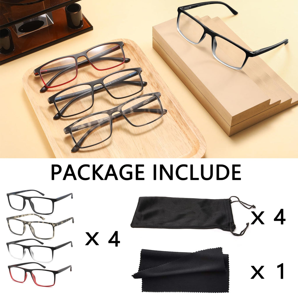 cyangander 4-Pack Mens Reading Glasses Computer Reading Fashionable Frame Blue Light Blocking,Full Frame Readers Anti UV/eye fatigue(+1.5x Magnification Strength)