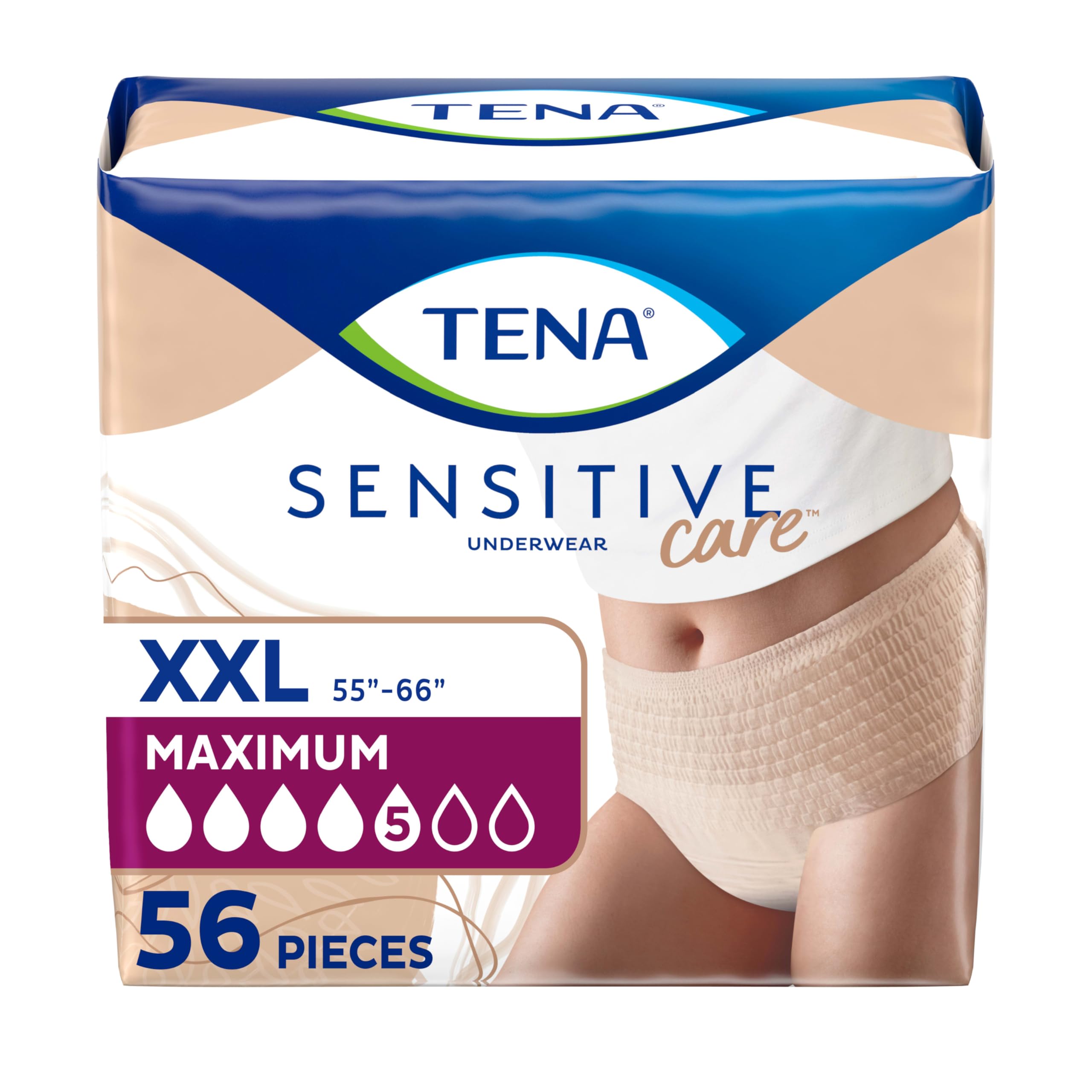 Tena Sensitive Care Adult Maximum Incontinence Underwear for Women, XXL, 56 Count (Waist Size 55in-66in)