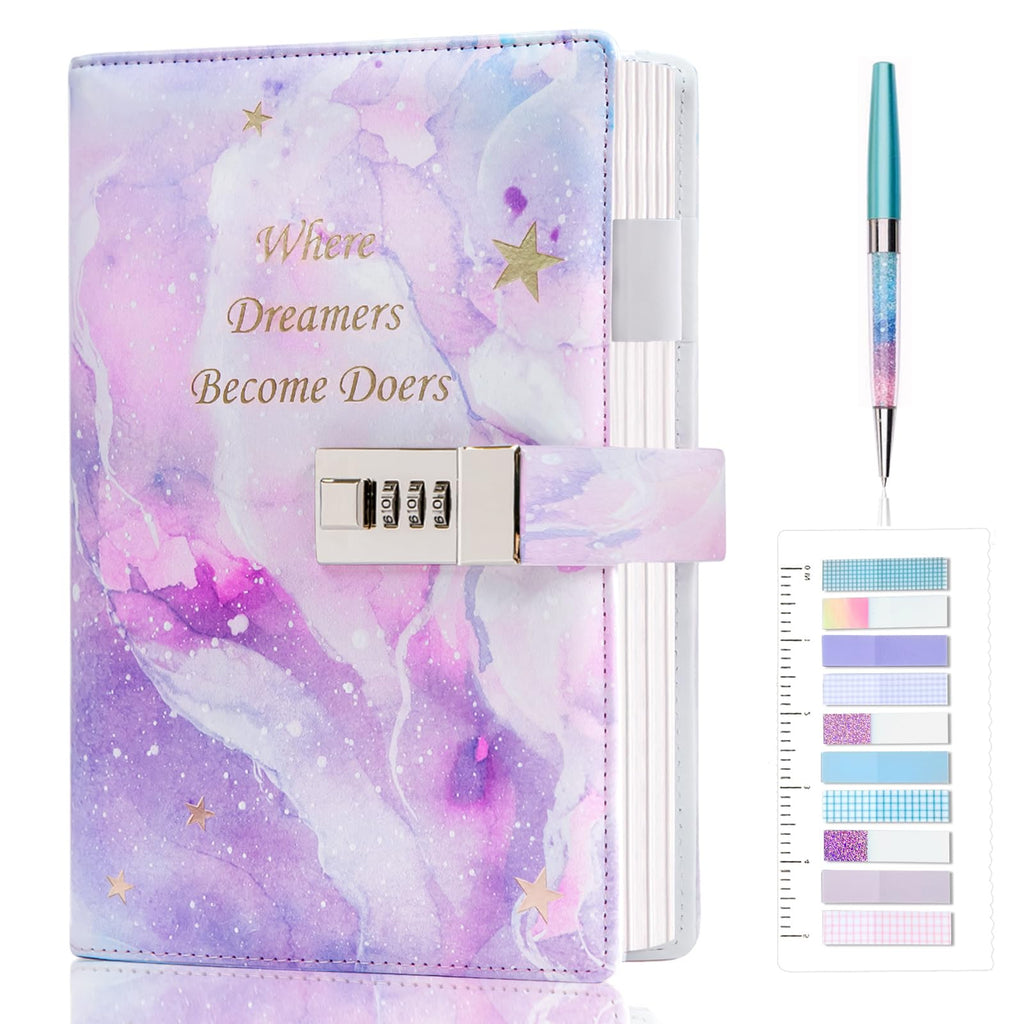 Kutoda Diary with Lock, 192 Pages College Ruled Journal with lock, A5 Secret Lock Journal with Pen and Color Notes for Girls Ages 8-12, Birthday Gifts for Girls, Purple
