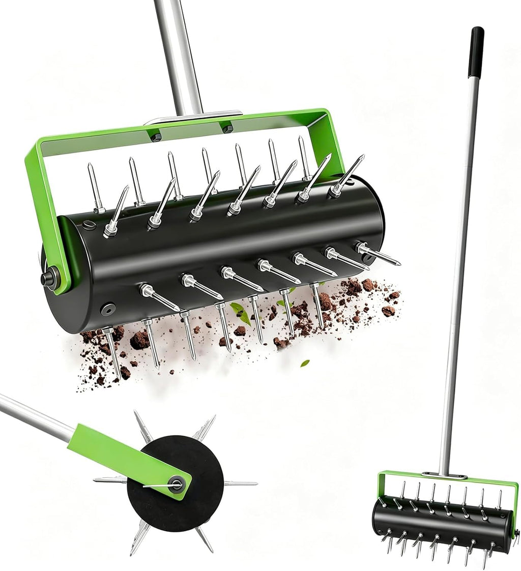 Failenfeivp Rolling Lawn Aerator Tool Heavy Duty Manual Push Aerator Lawn Tool with 42 Spikes Lawn Aerator Spike Tool for Maintaining Garden Yard Soil Health(Green,70IN)