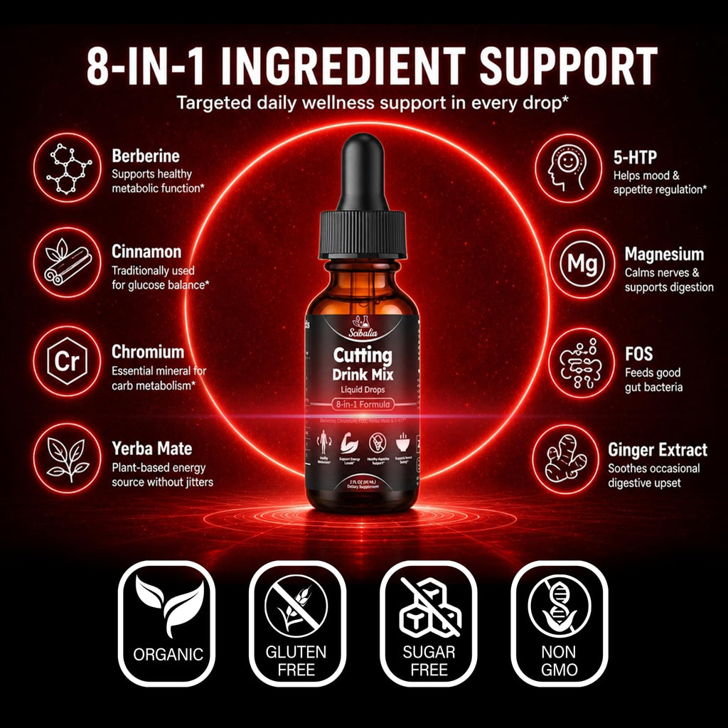 Scibalia Cutting Mix Drink Liquid Drops, Metabolism & Satiety Support w. Berberine Yerba Mate Magensium Chromium FOS & 5-HTP for Energy & Gut Health, Strawberry Acai Flavor 30 Servings