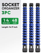 ALOANES 3PC ABS Socket Organizer, Socket Rails Fit 1/4 inch Drive, Heavy Duty Socket Holders Hold up to 48 Sockets, Black Rails with Blue Clips
