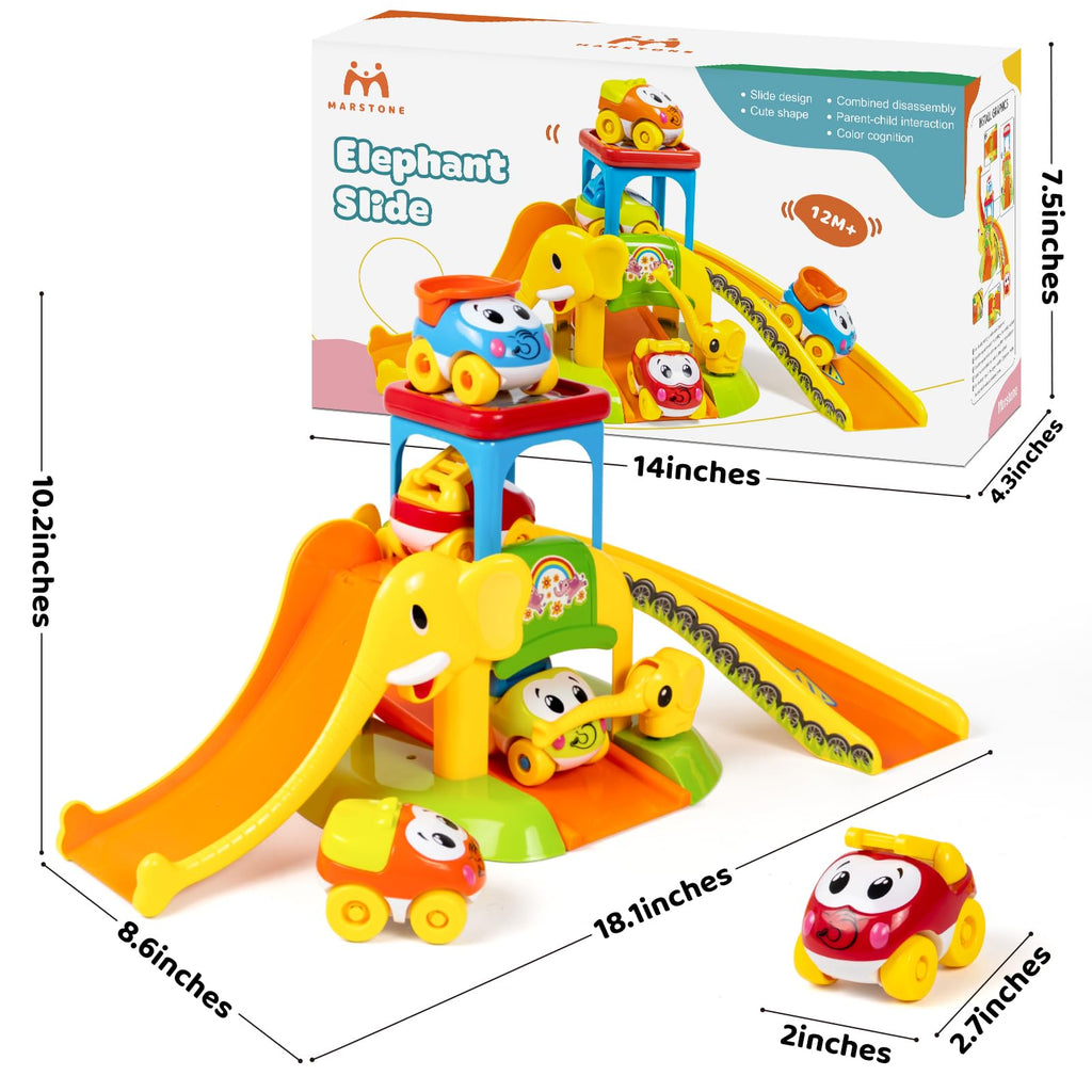 Marstone Toddler Toys for 1 2 Year Old Boys and Girls Gifts: Educational Elephant Slide with 4 Animal Cars Toys for Baby 12-18 Months, First Birthday Present Learning Push Truck Track Ages 1-2