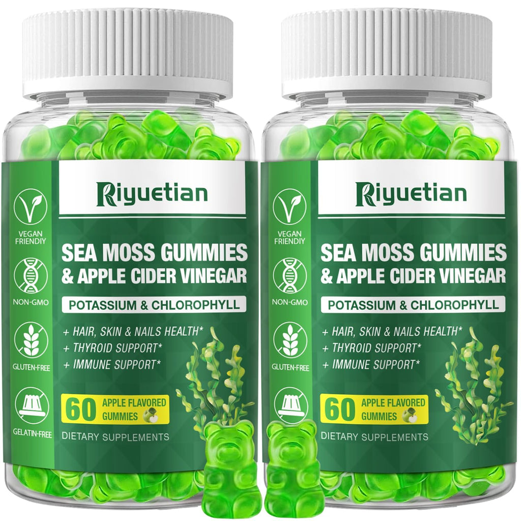 Riyuetian 2 Pack Sea Moss Gummies - 120 Vegan Irish Moss Gummy Bears - Made with Natural & Organic Sea Moss Gel, Bladderwrack & Burdock Root - Seamoss Supplement for Energy, Immune Support