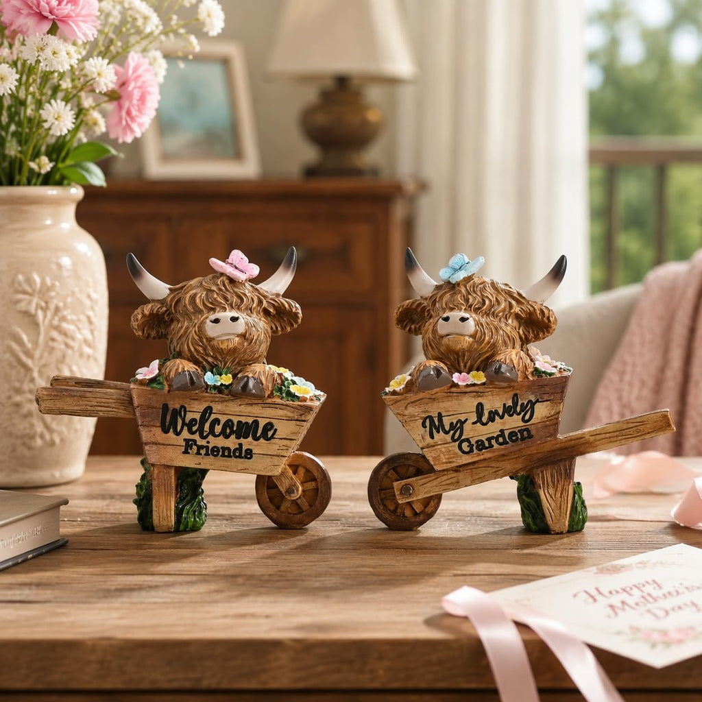 TERESA'S COLLECTIONS Garden Decor, Set of 2 Cute Highland Cows Sitting in Cart Garden Decor, Waterproof Resin Garden Statue, Highland Cows Gift, Garden Gift for Women Mom, Indoor/Outdoor