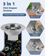 Hygie Rinse 3-in-1 Kitchen Sink Strainer Stopper Combo All Metal Stainless Pop Up Sink Drain Strainer with Handle Rod for US Standard 3-1/2 inch Drain Filter, Anti-Clog