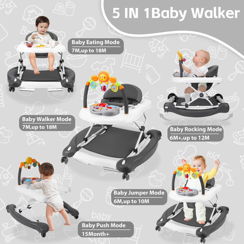 RefoereBabe Baby Walker with Wheels, 5 in 1 Baby Walkers for Boys Girls 6-12 Months, Foldable Walker Baby with Bouncer & Feeding Tray, Music, Adjustable Heights