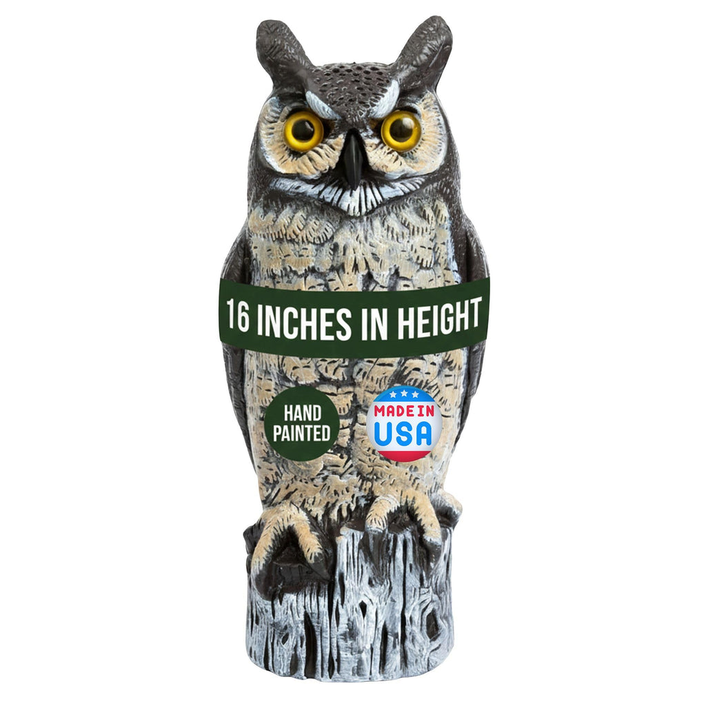 Dalen Lifelike Great Horned Owl Decoy Bird Repellent - 16in Hand-Painted Scarecrow for Gardens & Rooftops, Owl Bird Deterrent, Fixed-Head Design, Fill Base with Sand/Gravel Only - Multicolor