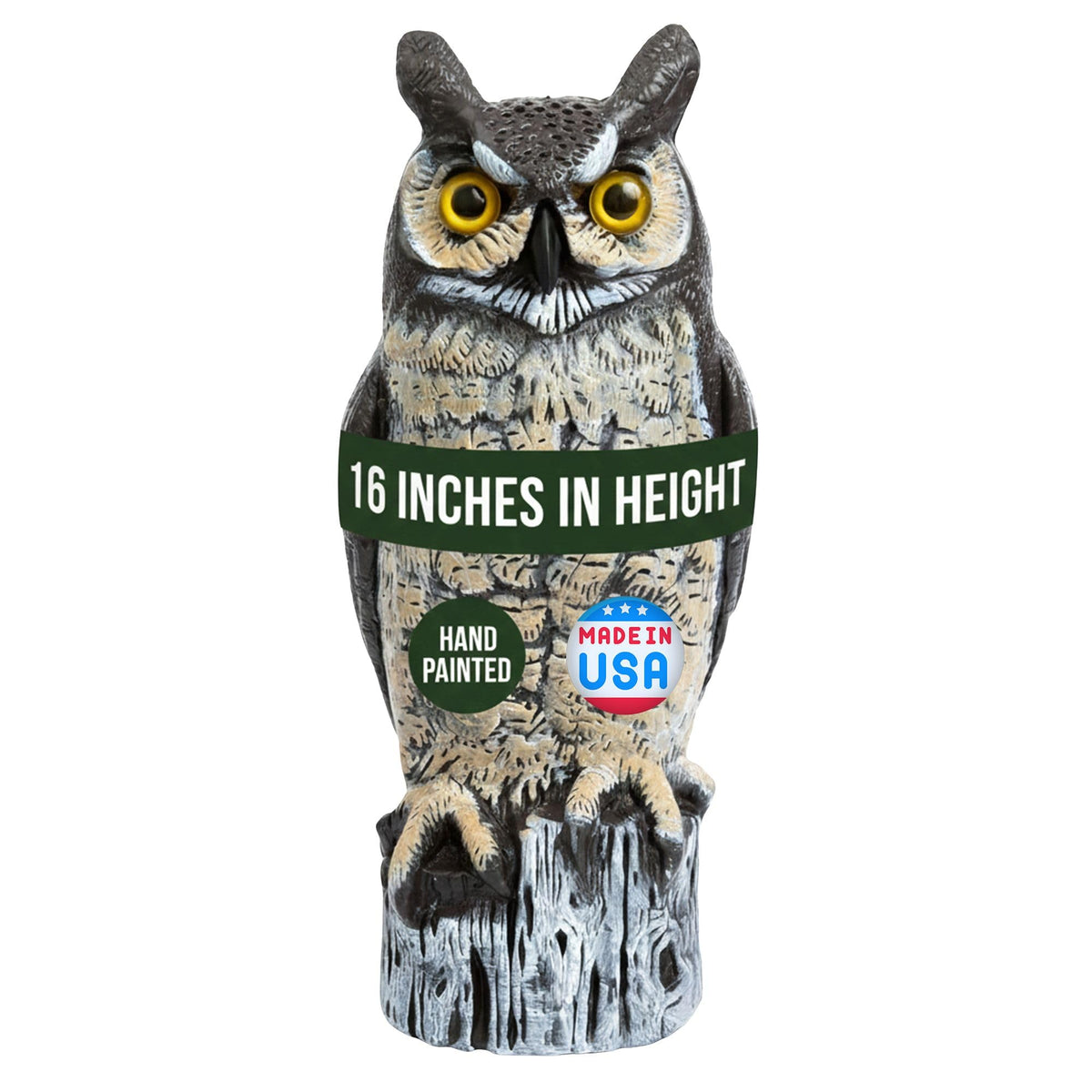 Dalen Lifelike Great Horned Owl Decoy Bird Repellent - 16in Hand-Painted Scarecrow for Gardens & Rooftops, Owl Bird Deterrent, Fixed-Head Design, Fill Base with Sand/Gravel Only - Multicolor