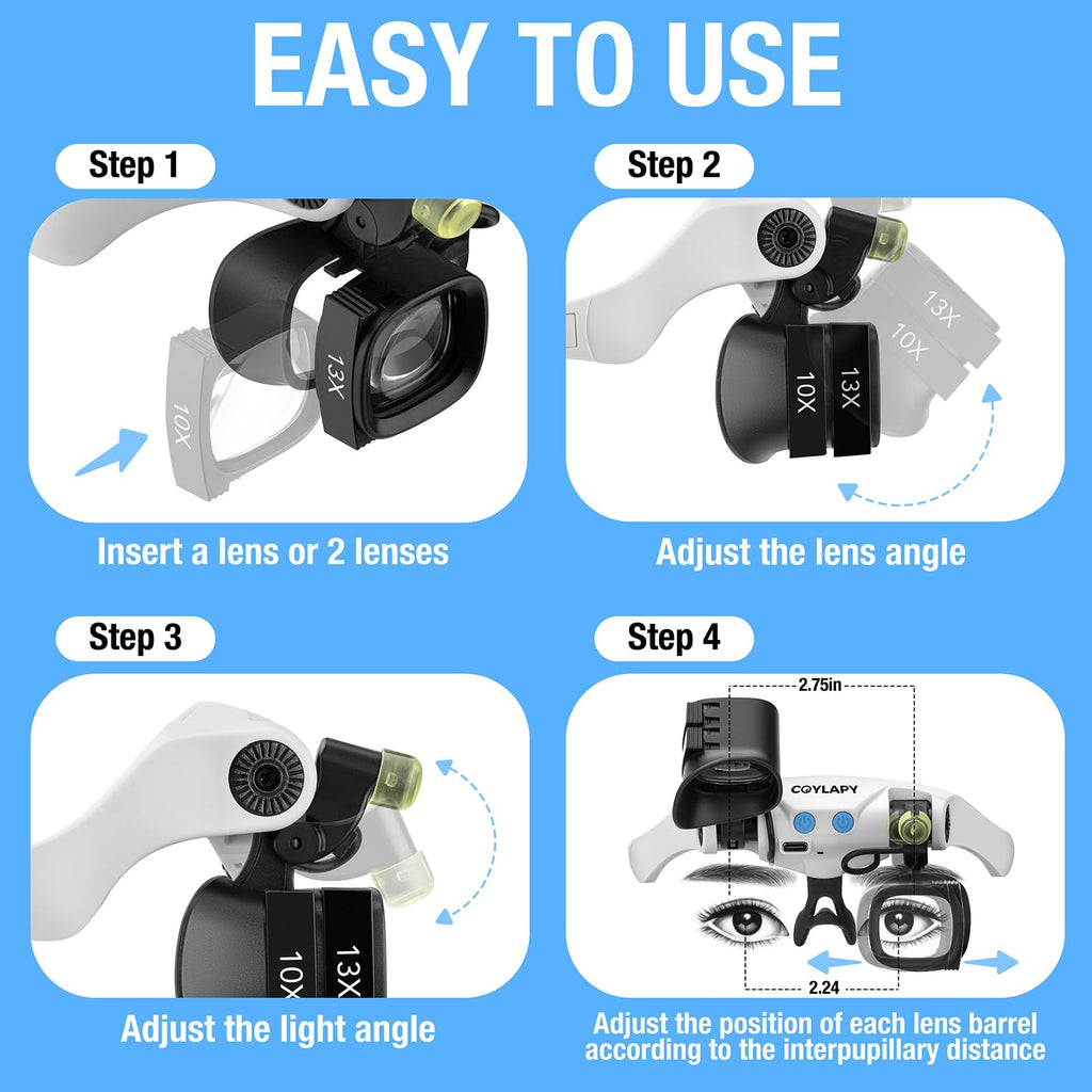 COYLAPY Magnifying Glasses for Close Work, Jewelers Magnifying Glass with Light & 5 Interchangeable Lens Pairs(2X 4X 6X 10x 13x), Headband Loupe Magnifier for Watch Repair,Crafts, w/Storage Case