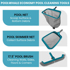 Economy Swimming Pool Cleaning Kit - Fine Mesh Deep Pool Rake & Leaf Skimmer Net, Rotatable Pool Brush Head for Cleaning Above Ground & Inground Pools (No Pole)