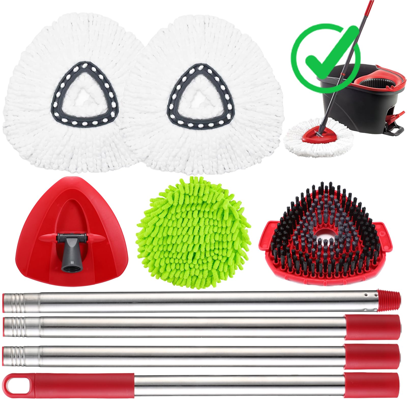EasyWring Spin Mop Replacement Head Spin Mop Refills Compatible with O Cedar EasyWring 1-Tank Spin Mop Handle, 3 Microfiber Mop Refills, 1 Triangle Head Cover, 1 Scrubber Head and Handle for Ocedar