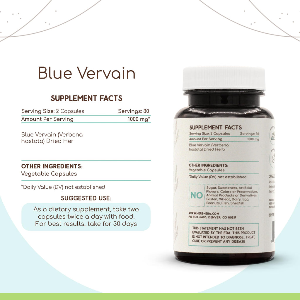 HerbEra Blue Vervain 60 Capsules, 500 mg, Blue Vervain (Verbena Hastata) Dried Herb (60 Capsules)