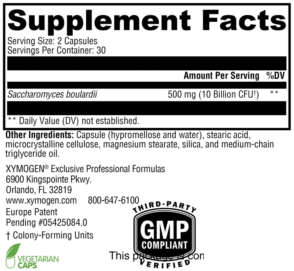 XYMOGEN Saccharomycin 10B - Gut Flora & Digestive Immune Support - 50 mg Saccharomyces Boulardii Probiotic - Stomach Acid-Resistant - Vegan & Dairy Free - 60 Capsules