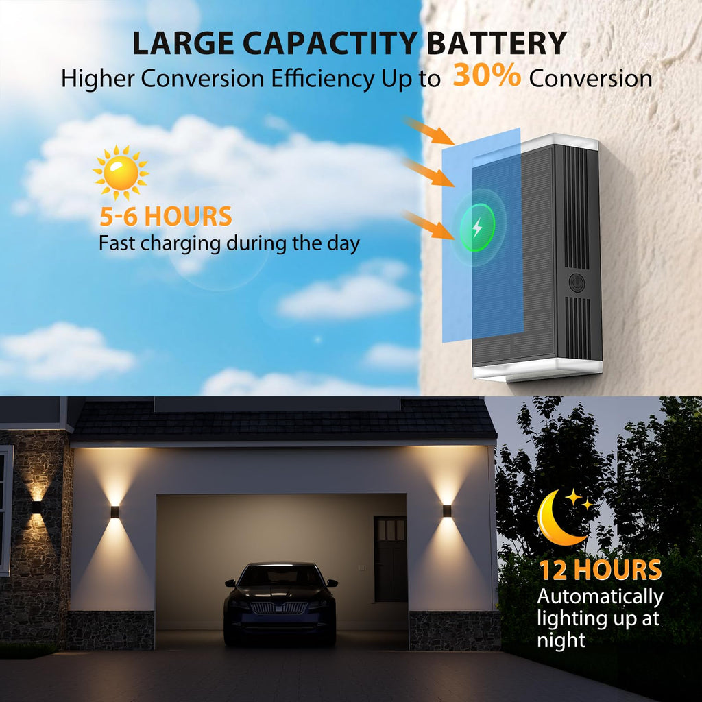 UGDLUCK Solar Wall Light Outdoor,3000/4000/6000K 3 Modes Dusk to Dawn Lighting Wall Sconce IP67 Waterproof Up and Down Solar Lights Outdoor for House, Garage, Porch,Doorway (2 Pack)