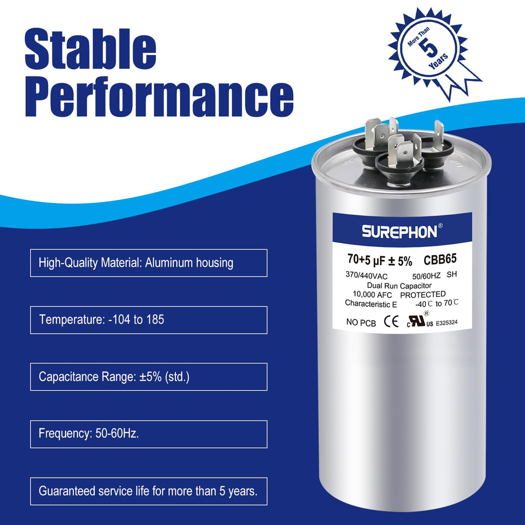 SUREPHON 70+5 uF 70/5 MFD ±5% 370V/440VAC Dual Run Start Capacitor CBB65 Works for AC Unit Fan Motor Start or Heat Pump or Condenser Straight Cool