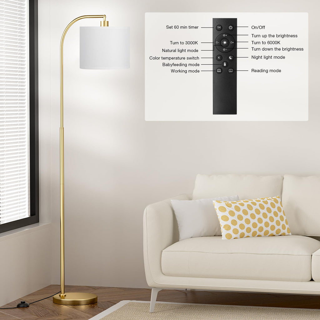 Ambimall Arc Floor Lamp with Remote and Stepless Dimmable Bulb, Colors Temperature & Brightness Adjustable, Floor Lamps for Living Room（White Shade & Gold Pole）