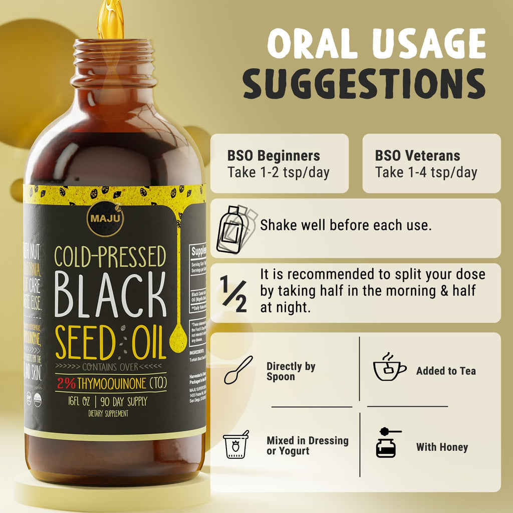 MAJU's Black Seed Oil 16oz: 3X Thymoquinone, Cold Pressed, 100% Turkish Black Cumin Nigella Sativa Seed Oil (Better Than Organic), Non-GMO, 100% Liquid Pure Blackseed, Glass Bottle