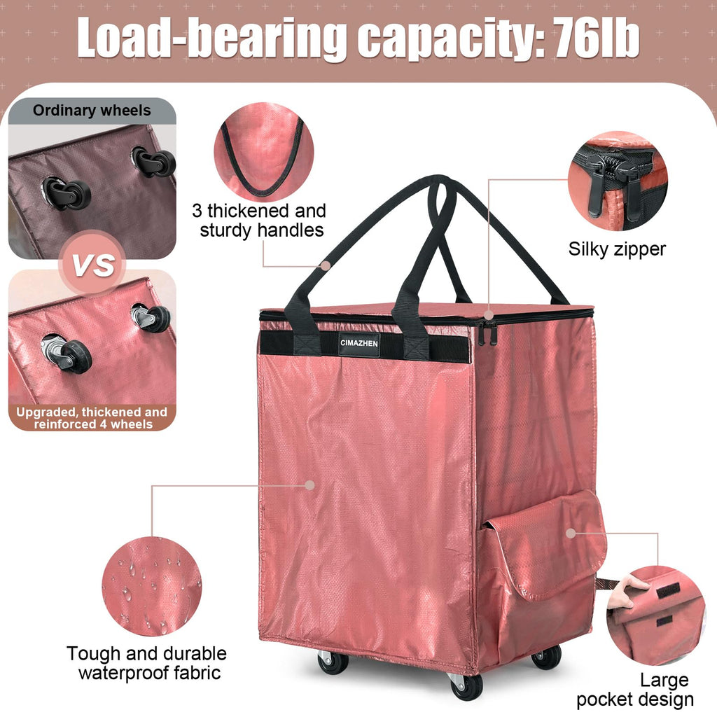 CIMAZHEN (Medium,Pink) Reusable Grocery Bag on 4 Wheels, 70L Foldable Rolling Tote Bag with 3 Handles and Zipper, Rolling Shopping Cart for Groceries, Storage, Laundry, Travel, Organizer, 76lb