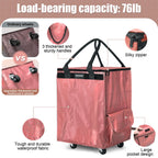 CIMAZHEN (Medium,Pink) Reusable Grocery Bag on 4 Wheels, 70L Foldable Rolling Tote Bag with 3 Handles and Zipper, Rolling Shopping Cart for Groceries, Storage, Laundry, Travel, Organizer, 76lb