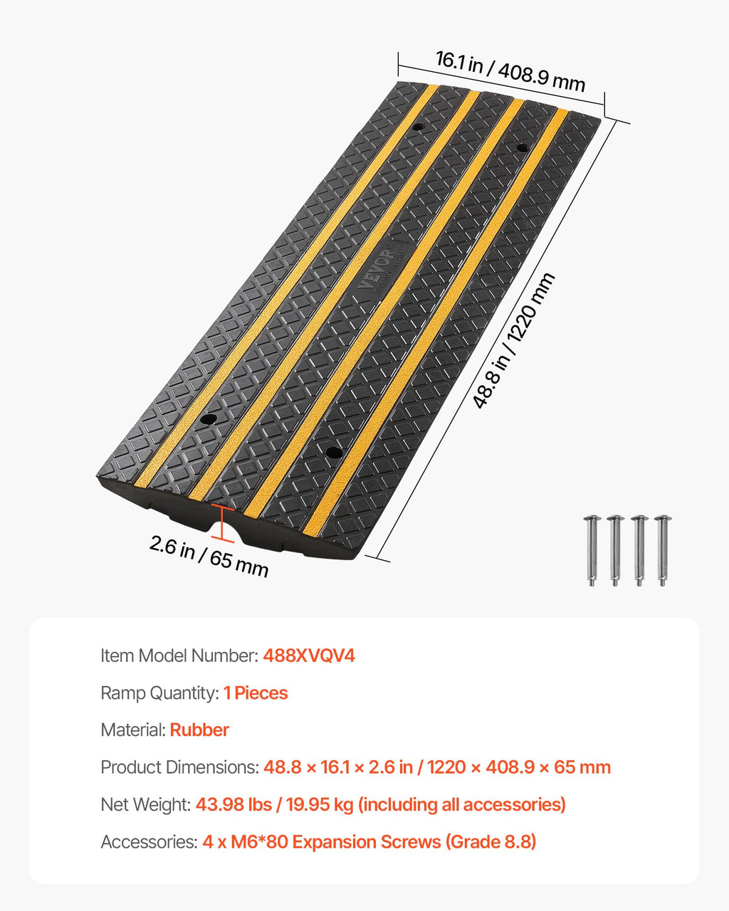 VEVOR Car Driveway Rubber Curb Ramp, 1 Pack 4FT Long Heavy Duty Low Profile Slope Ramps, 2.6’’ Rise, 33069 lbs Load Capacity, Reflective Safety Strips, for Vehicles, RVs, and Wheelchairs