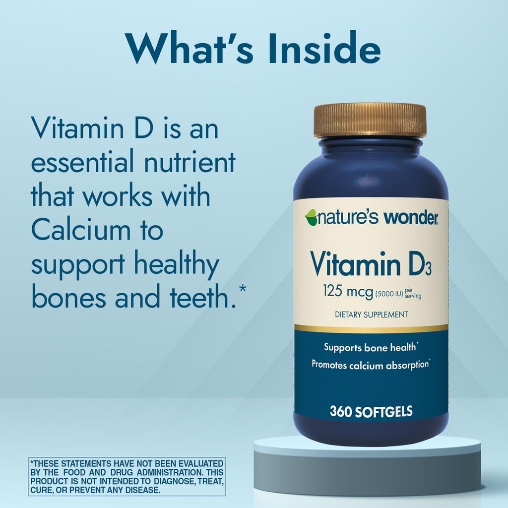 Nature's Wonder Vitamin D3 5000iu (125mcg) High Potency, Dietary Supplement to Support Bone Health and Immune System, Gluten Free, 360 Softgels, 1 Year Supply (Pack of 2)