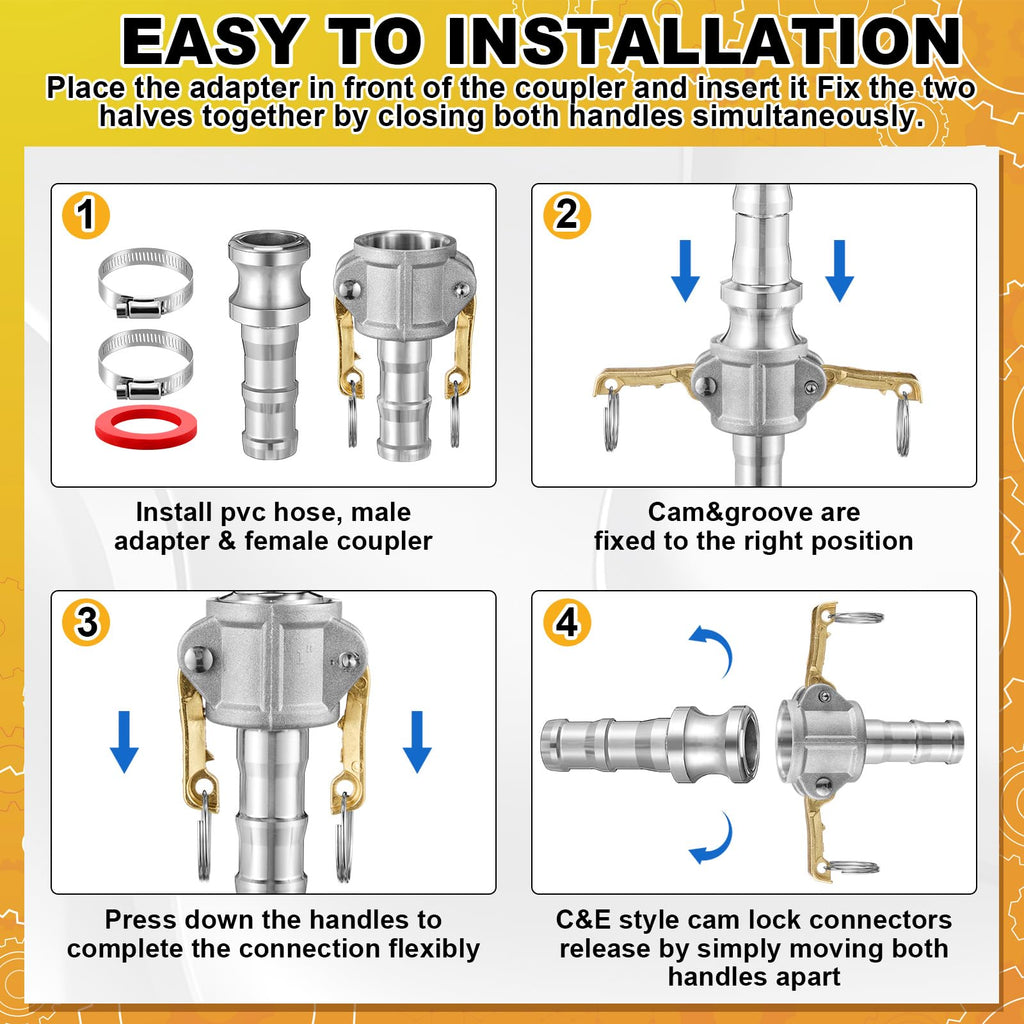 Innconee 2 Set Camlock Fittings Type C&E 1 Inch Aluminum Cam and Groove Hose Fitting Kit include 1" Female Coupling Cam Lock, 1" Male Adapter Camlock, Gasket, Hose Clamps for Industrial