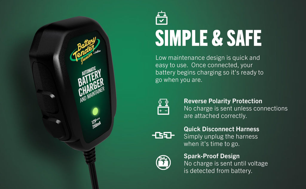 Battery Tender Junior 12V, 750mA Charger and Maintainer: Automatic 12V Powersports for Motorcycle, ATVs, and More - Smarter Than a Trickle Charger - 021-0123