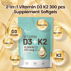 Vitamin D3 K2 10000 IU with MK7-300 Virgin Coconut Oil Softgels, 2 in 1 Vitamins D & K Complex | Vitamina D3 con K2 | Supports Calcium Absorption, Bone, Immune, & Heart Health – Easy to Swallow
