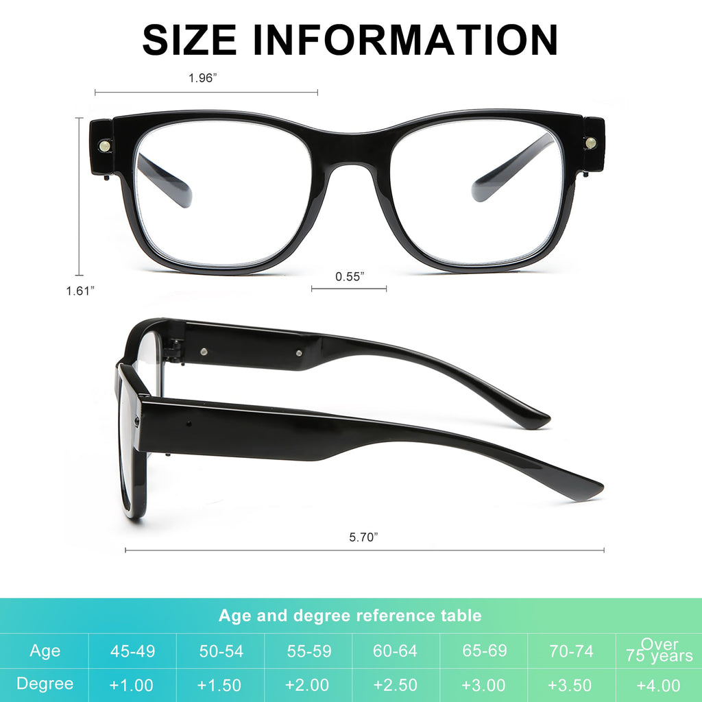 SKYWAY Reading Glasses Lighted Rechargeable Magnifying LED Readers with Lights Eyewear Clear Vision Unisex（1.5X）