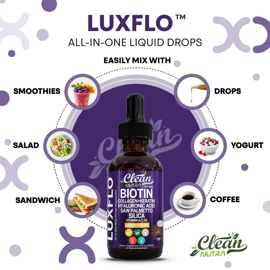 Biotin Liquid Drops Collagen Keratin Hyaluronic Acid Saw Palmetto for Hair Skin and Nails Silica Vitamin A C Vitamin D Bamboo Turmeric Zinc Folate Magnesium Horsetail LuxGlo by Clean Nutra - 2Pack