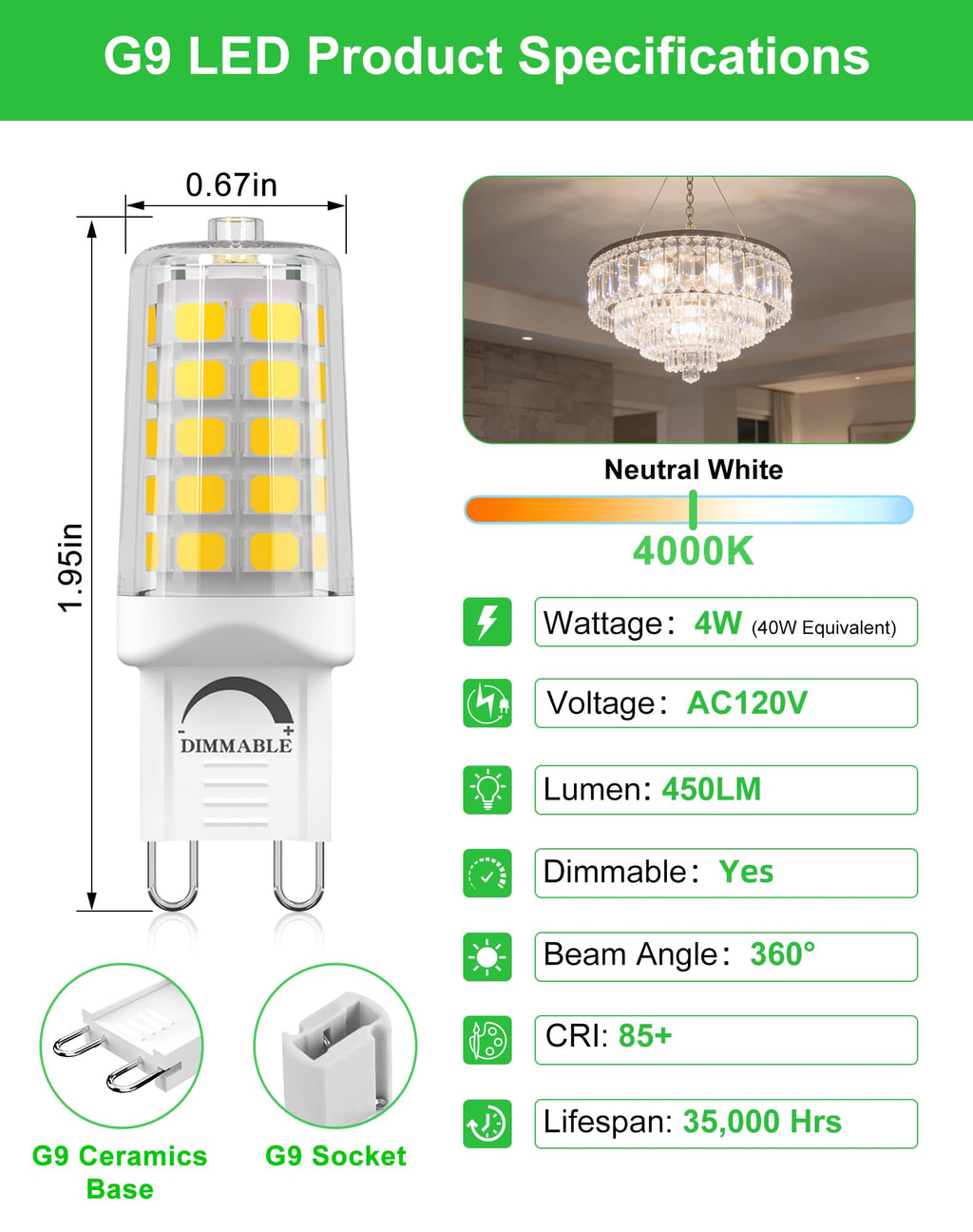 BAOMING G9 LED Bulb Dimmable 4W 4000K Neutral White 5 Pack