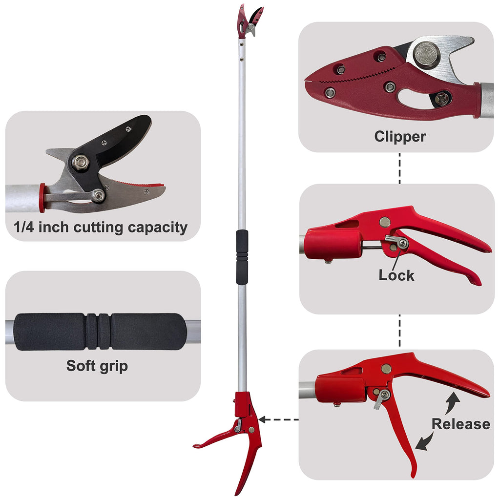 Prunrt Tree Trimmer, 4 Foot Pole Pruner, Long Reach Pruning Shears, Cut and Hold Garden Clippers, Aluminum Lightweight Handle Fruit Picker, Branch Bypass Loppers